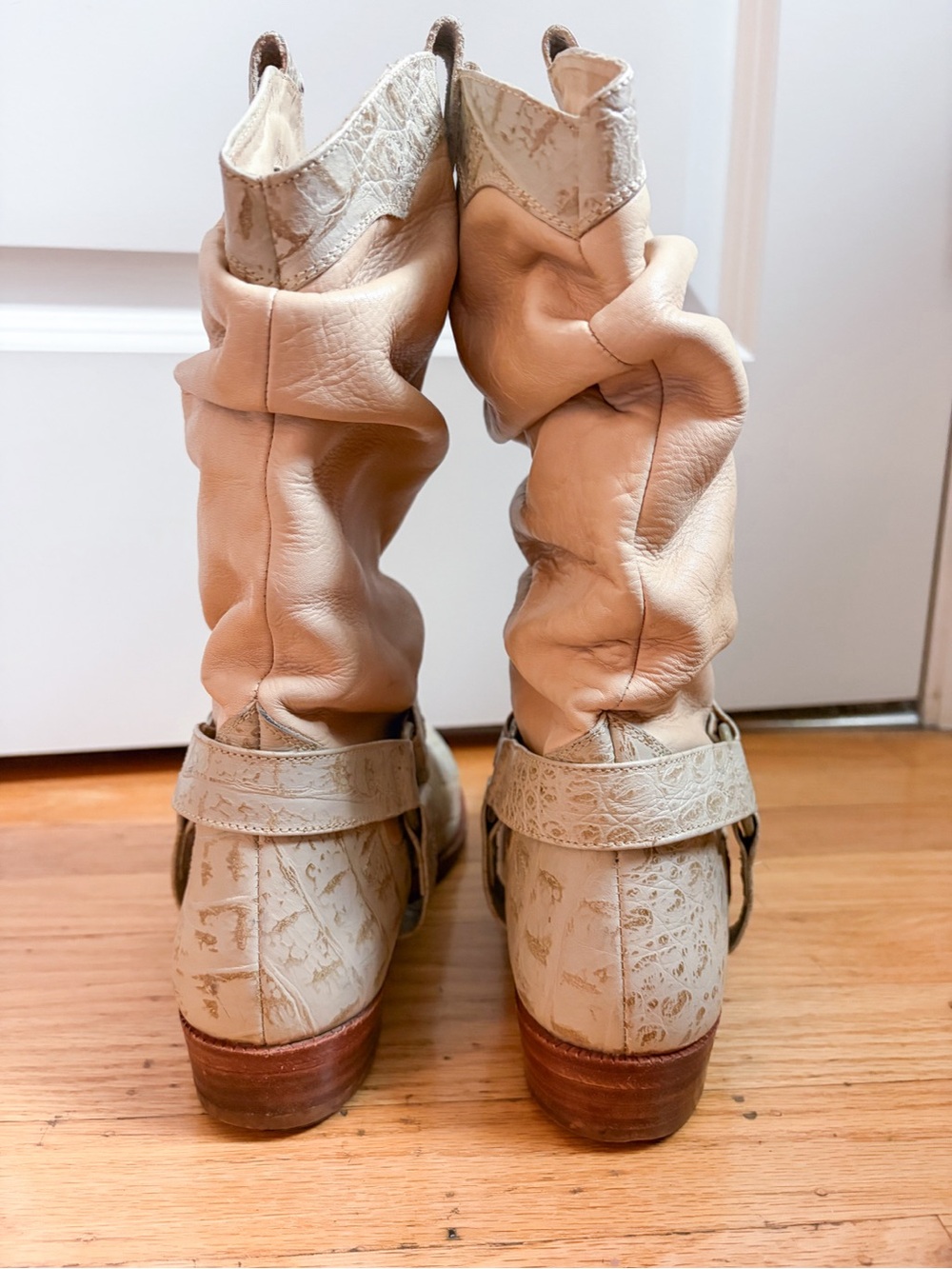 Women's Cream Croc-Embossed Western Ankle Boots steel toe all leather - Picture 6 of 13
